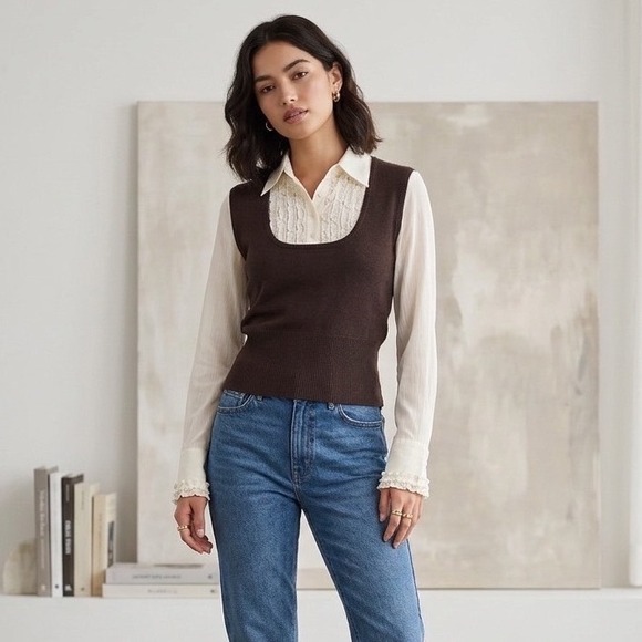 George Tops - Vtg Y2K George 2-in-1 Sweater Vest Blouse M/L Silk Blend Brown Cream Ruffles EUC